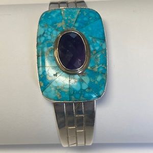 Sterling cuff with turquoise and amythyst